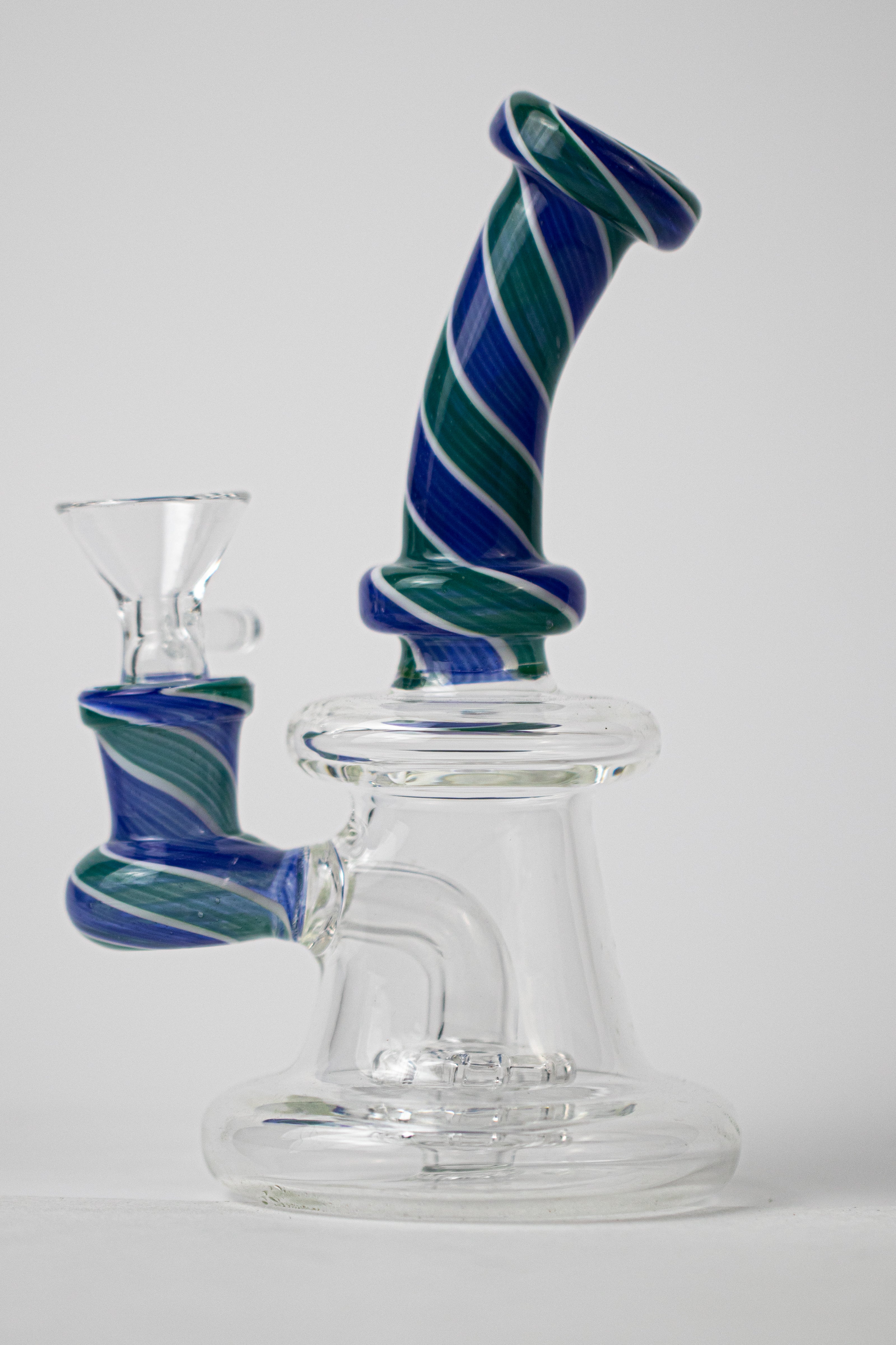 Swirl Blue design with a clear body long neck rig  Water Pipe stands  6-inch. shower head perc, includes male 14mm weed bowl piece.