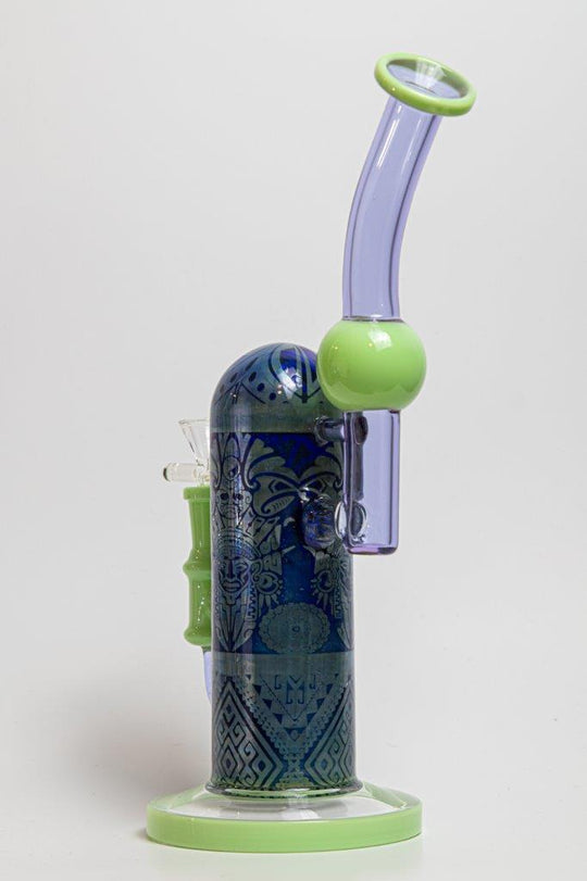 10-inch Maya Scripture Water Pipe – a water rig for weed and dabs with intricate design details inspired by Maya scripture. Now available for sale, this distinctive piece includes a 14MM male bowl piece for weed and a bent down stem