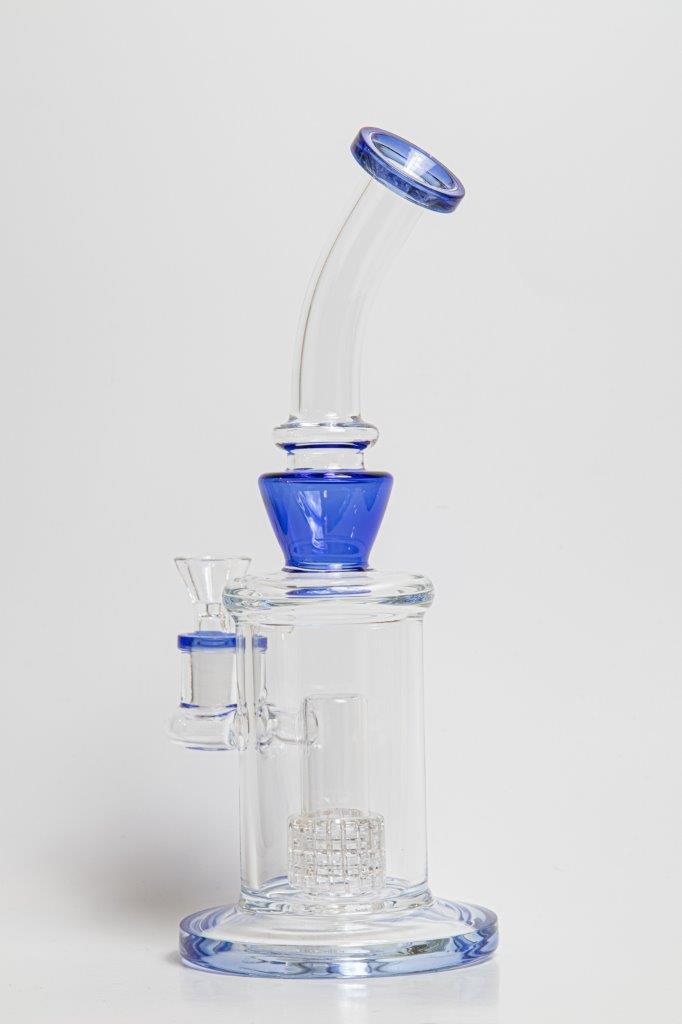 10-inch Blue Water Bong equipped with a Matrix Percolator – a stylish water bong crafted for weed and dabs. Now available for sale, this piece includes a 14MM male bowl piece for weed, a bent down stem with a bubble percolator, ensuring each hit is a cool, smooth, and flavorful experience