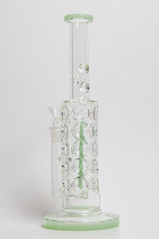 11-inch Trypophobia Water Pipe – a bong designed for weed and dabs. For sale now, this straight shooter glass piece showcases a Trypophobia design, a 14MM male bowl piece for weed, and a bent down stem, 