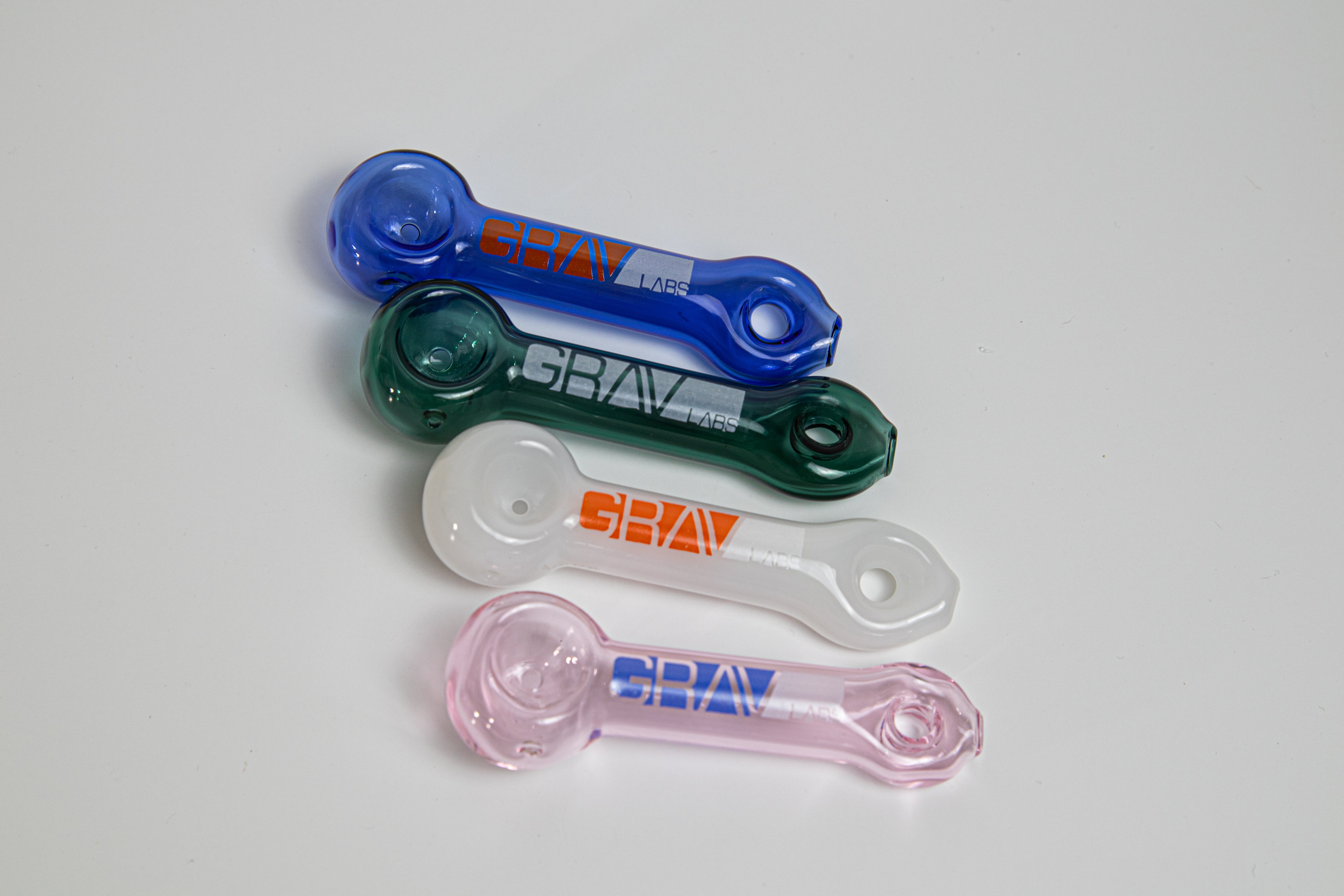 They come in green/pink/blue/clear  3.5 inch Grav Spoons Shape Pipe, ideal for classic dry herb/weed use. Crafted for a 'seek-a-toke' session, this unique and affordable piece adds a touch of flair to your smoking collection.