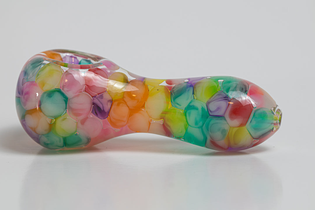 3.5 inch Rainbow Glass Hand Pipe. Crafted for dry herb/weed use, this unique piece features a classic spoon shape and an affordable, colorful pebble design 