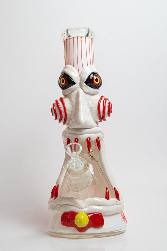 14-inch Jig-Saw Water Bong Beaker – a visually stunning piece for weed and dabs. Now for sale, this straight shooter glass piece features a Jig-Saw design, a 14MM male bowl piece for weed, and a straight down stem, 