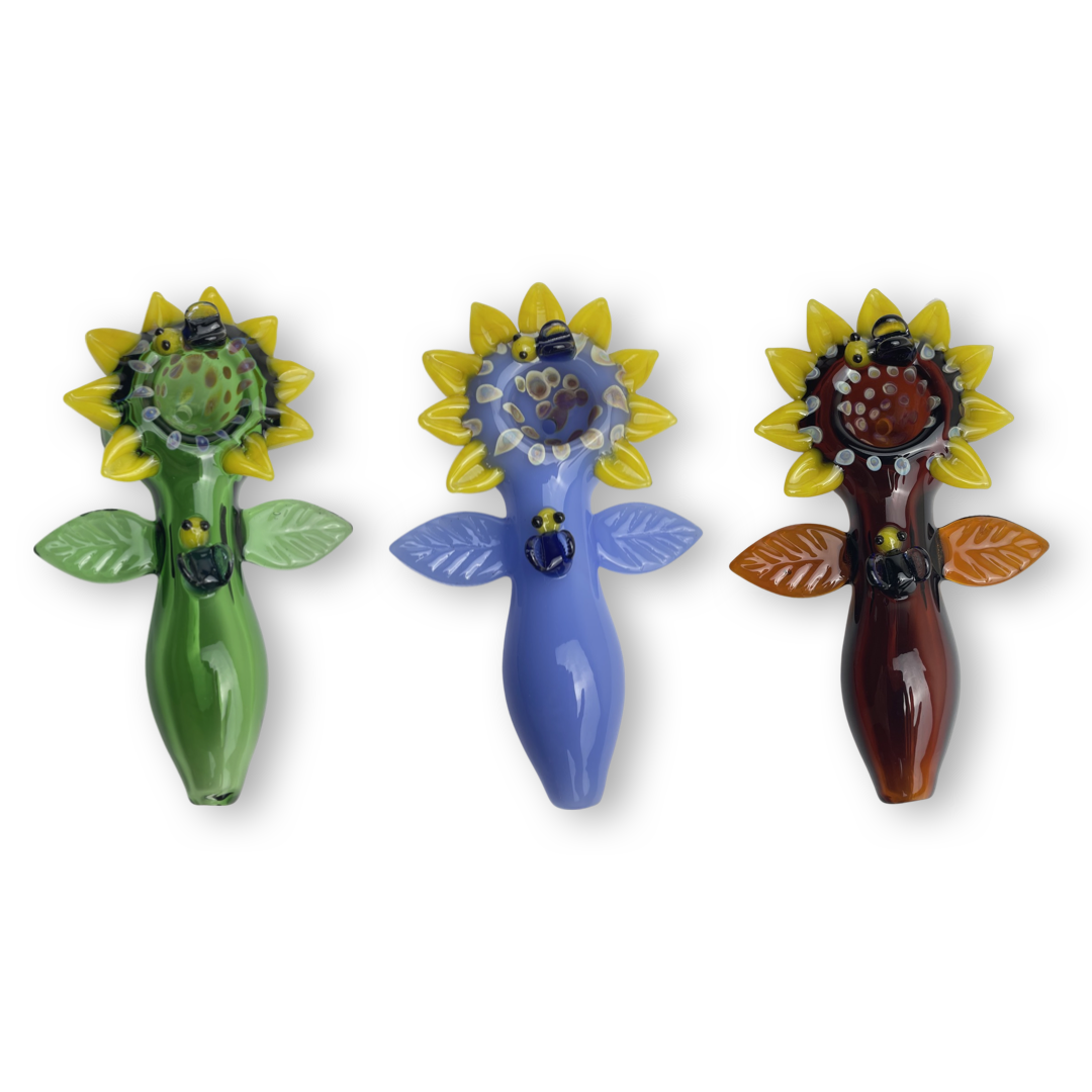 We have them in green,blue,brown 4.2-inch Sunflower Shape Design Hand Pipe at Stoner Tone. Elevate your dry herb/marijuana experience with this classic spoon-shaped pipe, now available at an exclusive sale price.